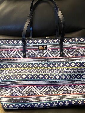 Vineyard Vines Navy Floral & Stripe Canvas Tote with Black Trim